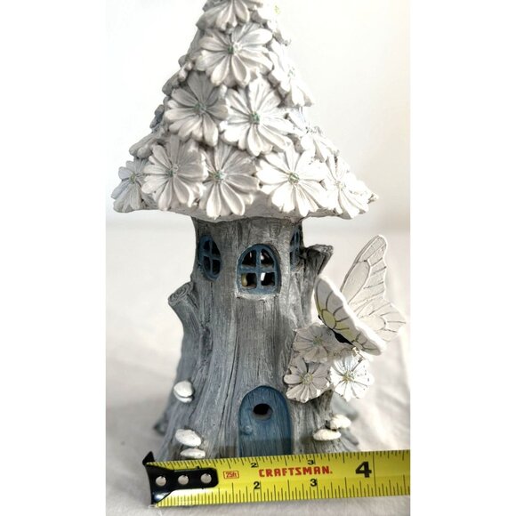 Whimsical Floral Fairy House Tree Figurine With Butterfly & Solar Panel For Gard - Picture 2 of 4